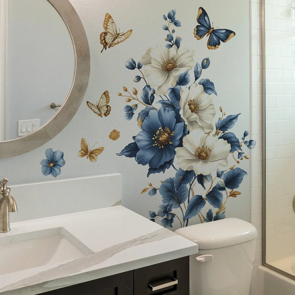 Simulated 3D Blue White Flowers Wall Decals Walls Vinyl Wall Art Decals Decor for Bedroom Living Room Decorations-HomeDecorDecals_com