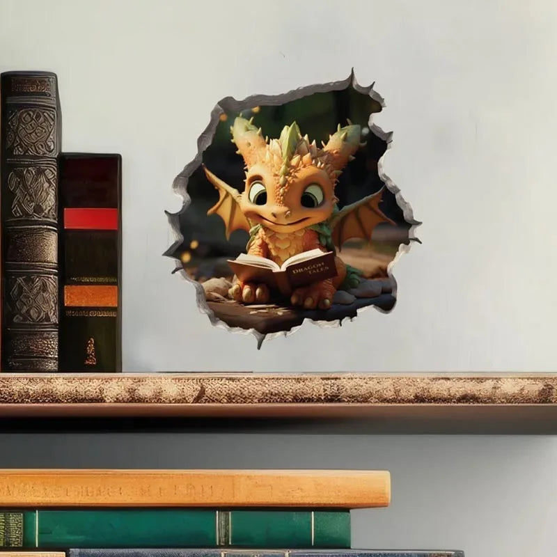 Dragon Parent and Child Reading in Wall Hole Decal | Home Decor design details by HomeDecorDecals.