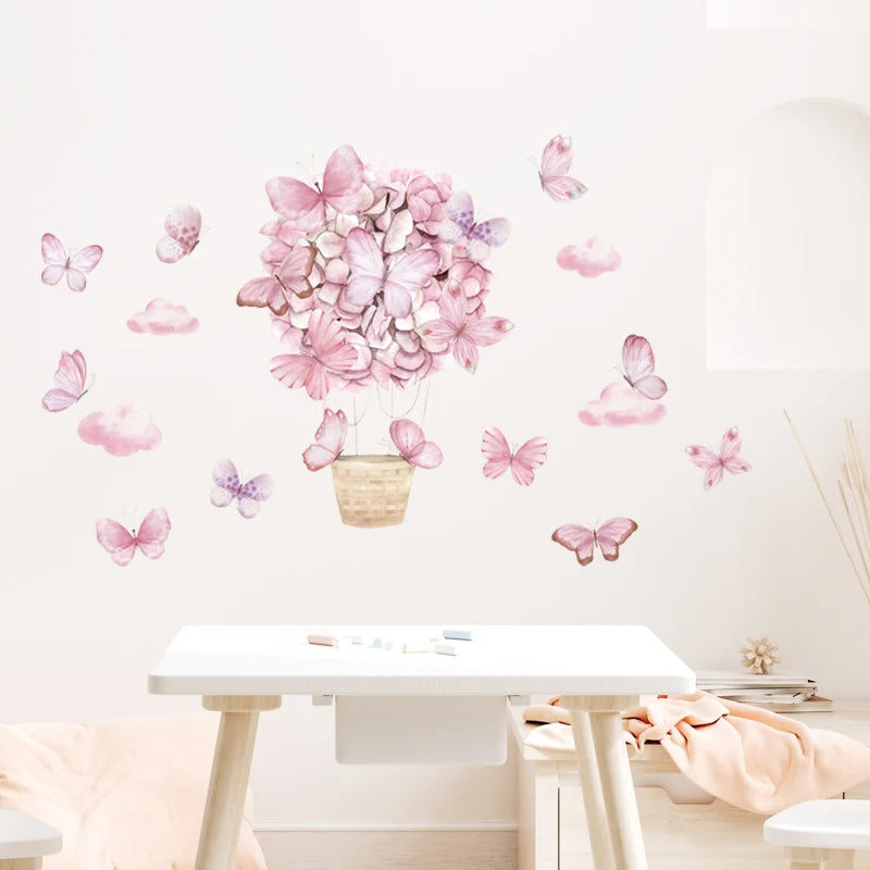 Pink Flower Hot Air Balloon Butterfly Wall Stickers for Kids Room Baby Nursery Wall Decals Bedroom Living Room Home Decor Murals-HomeDecorDecals_com