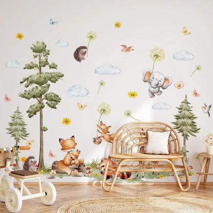 Forest Animals Wall Stickers Cartoon Fox Hedgehog Pine Tree Vinyl Decals for Children's Room Baby Bedroom Home Wall Decoration-HomeDecorDecals_com