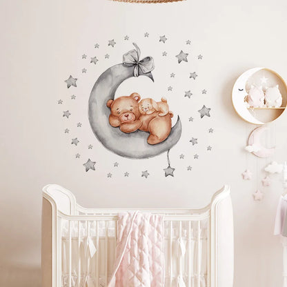 Cartoon Grey Baby Elephant Moon Gold Stars Wall Stickers for Kids Room Decor Nurserry Wall Decals Girl Boy Room Decorative-HomeDecorDecals_com