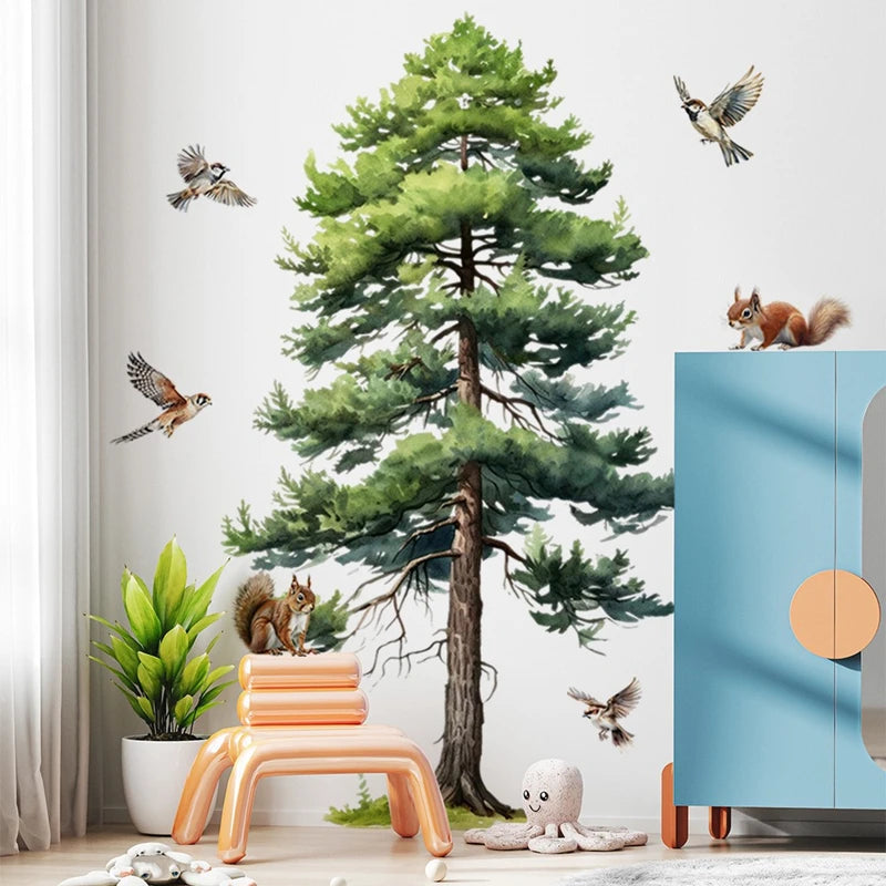 Big Pine Tree Vinyl Wall Stickers for Home Decoration Aesthetic Rooms Porch Fawn Squirrels Flying Birds Forest View Wallpaper-HomeDecorDecals_com