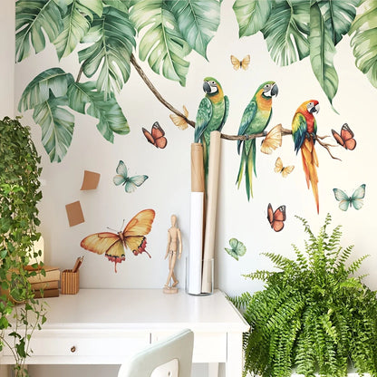 Large Tropical Green Plant Bird Wall Sticker Green Plant Leaves Parrot Butterfly Wall Decal Bedroom Bathroom Kitchen Decor-HomeDecorDecals_com