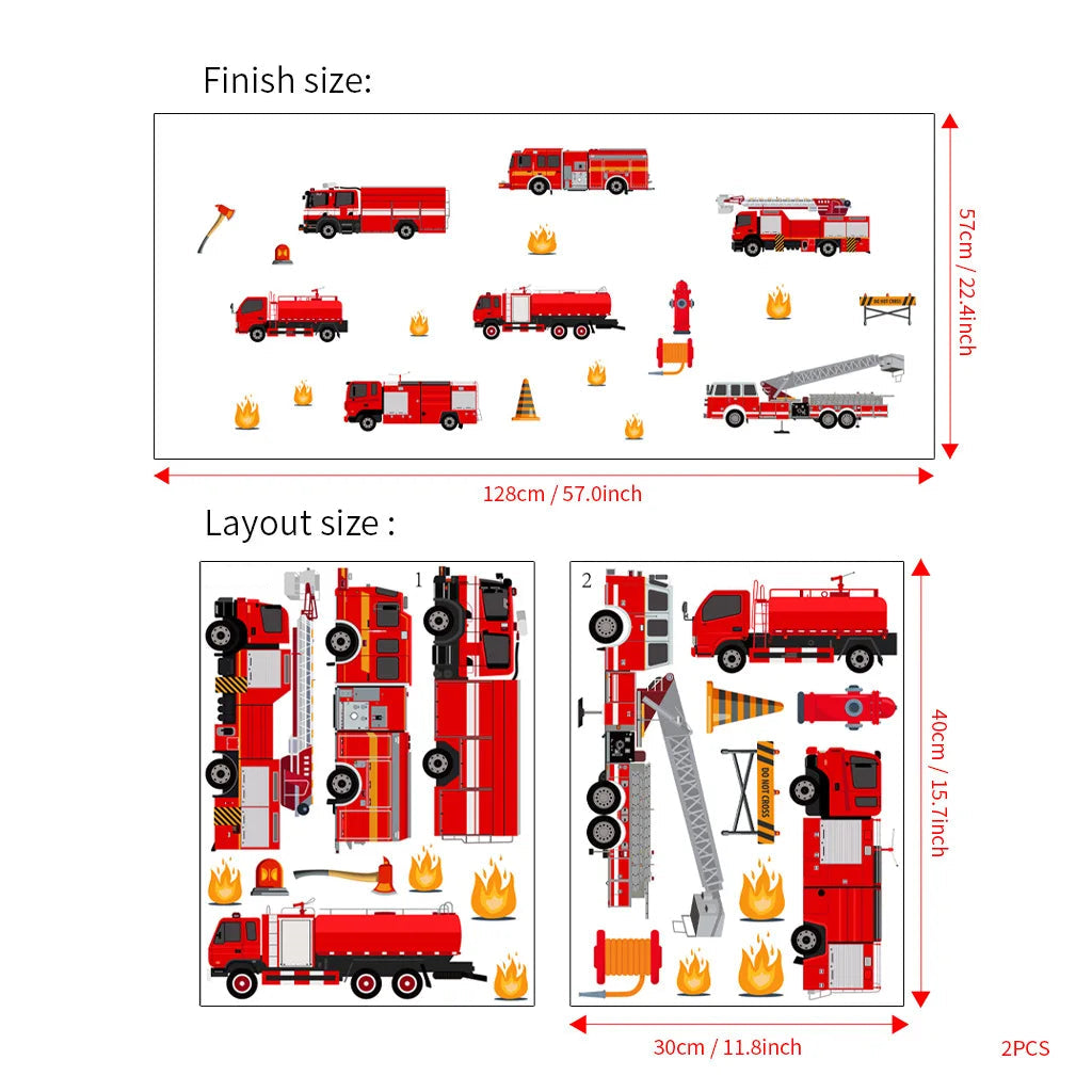 Cartoon Fire Truck Wall Decor Decals Kids Room Playroom Bedroom Firetruck Poster Mural Wall Stickers Kids Room Nursery Decor-HomeDecorDecals_com