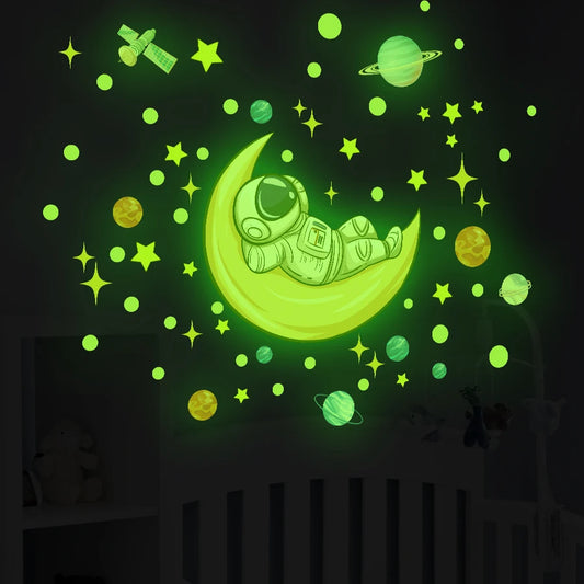 Luminous Astronaut on the Moon Planet Stars Outer Space Wall Stickers Green Light Glow in the Dark Wall Decals Ceiling Bedroom-HomeDecorDecals_com