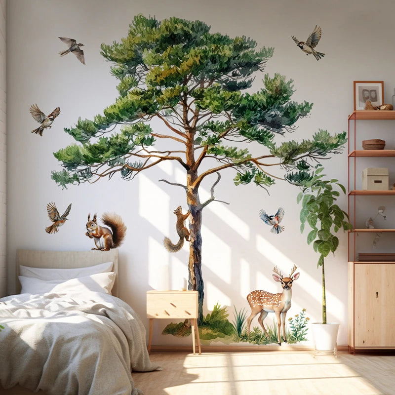 Big Pine Tree Vinyl Wall Stickers for Home Decoration Aesthetic Rooms Porch Fawn Squirrels Flying Birds Forest View Wallpaper-HomeDecorDecals_com