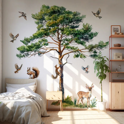 Big Pine Tree Vinyl Wall Stickers for Home Decoration Aesthetic Rooms Porch Fawn Squirrels Flying Birds Forest View Wallpaper-HomeDecorDecals_com