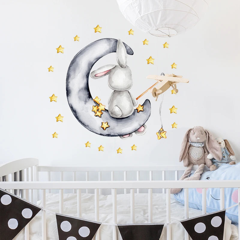 Bunny Baby Nursery Wall Stickers Cartoon Rabbit Swing on the Stars Wall Decals for Kids Room PVC Removable Stickers PVC DIY-HomeDecorDecals_com
