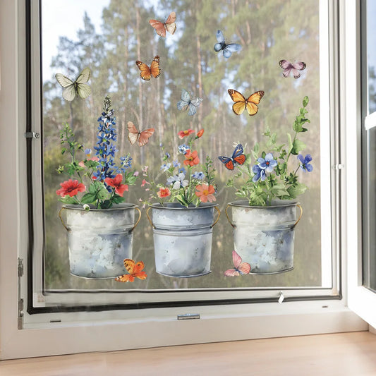 Iron Bucket Flower Pot and Butterfly Wall Decal | Home Decor by HomeDecorDecals.