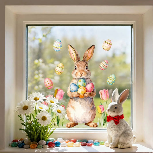 Cute Happy Easter Window Stickers Colorful Bunny Eggs Glass Sticker Spring Party Wall Glass Decal Easter Decorations for Home-HomeDecorDecals_com