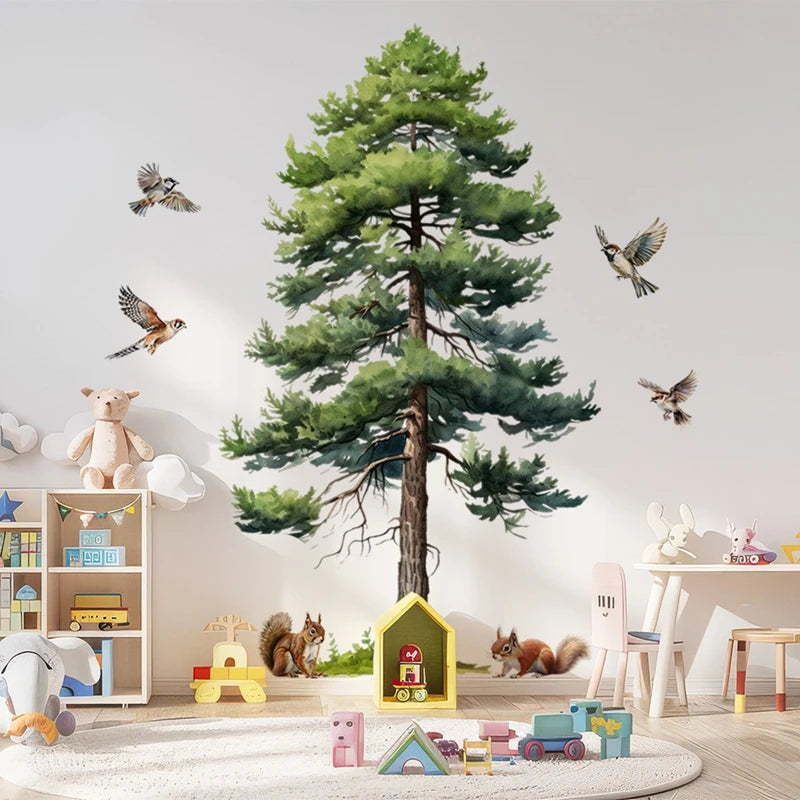 Big Pine Tree Vinyl Wall Stickers for Home Decoration Aesthetic Rooms Porch Fawn Squirrels Flying Birds Forest View Wallpaper-HomeDecorDecals_com