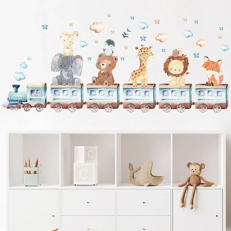 Watercolor Cartoon Animals on the Train Bear Elephant Giraffe Wall Stickers for Kids Room Baby Nursery Room Bedroom Wall Decals-HomeDecorDecals_com