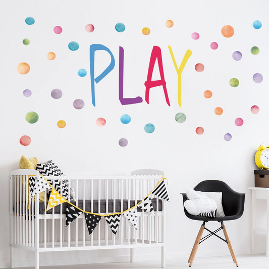 Colourful Play Text Dot Pattern Wall Decal | Kids Room Decor removable peel and stick wall decal by HomeDecorDecals.
