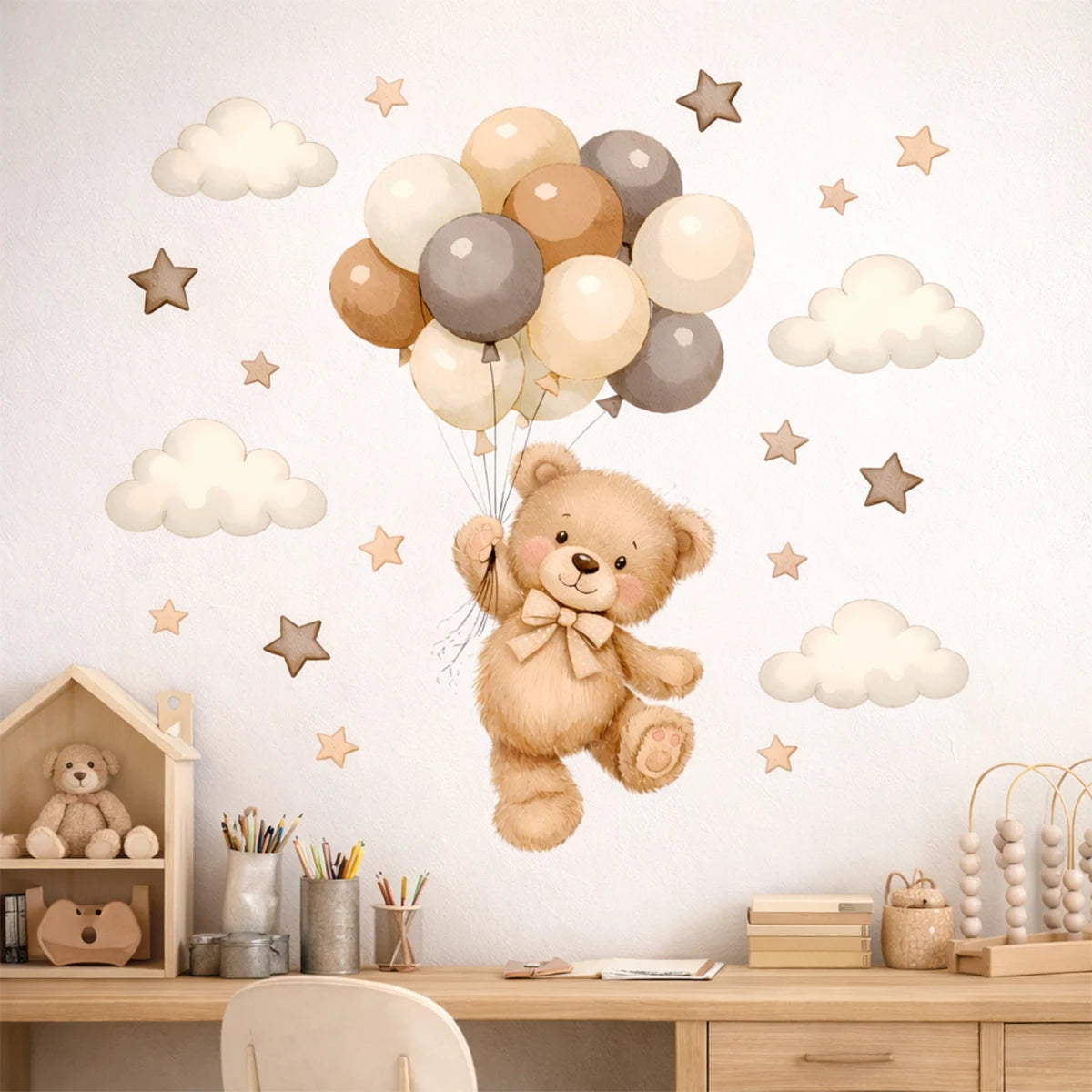 Adorable Teddy Bear Balloons Stars Clouds Wall Sticker Nursery Child Room Art Vinyl Decal Kids Room Bedroom Living Home Decor-HomeDecorDecals_com