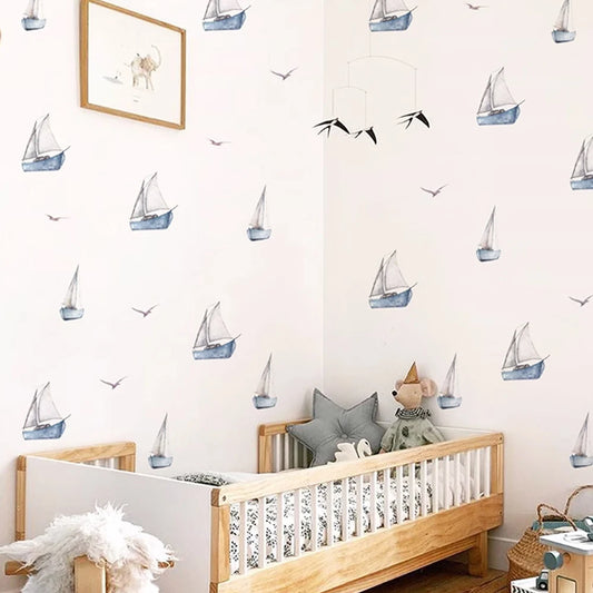 Watercolor Sailboat Wall Stickers Waterproof PeelandStick Nursery Wall Decal for Boy's Kids Room Decoration Home Decor-HomeDecorDecals_com