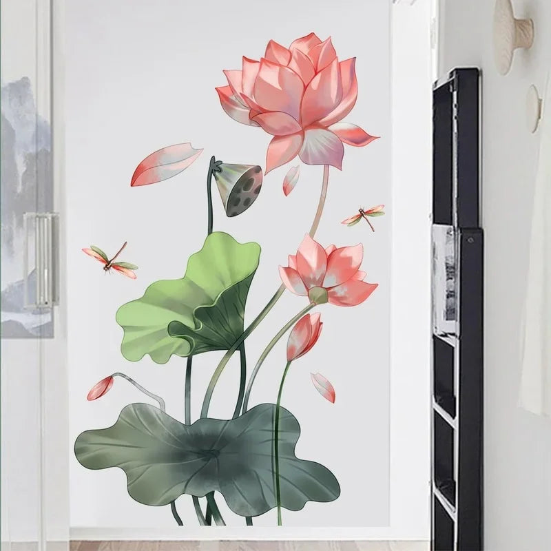 Close-up view of Lotus and Dragonfly Wall Decal | Home Decor by HomeDecorDecals.