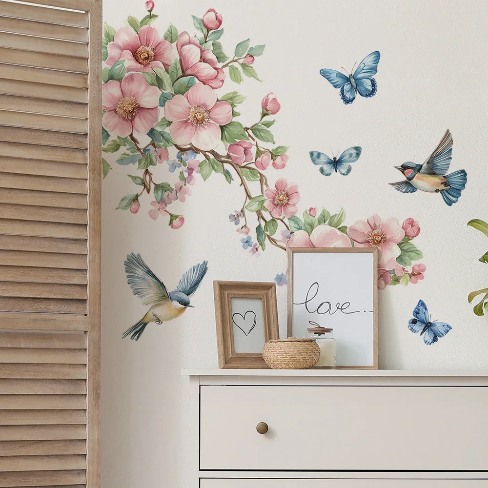 1PCS Watercolor Peach Tree Branches Leaves Bird Butterfly Bedroom Living Room Home Beautify Decorative Wall Stickers-HomeDecorDecals_com