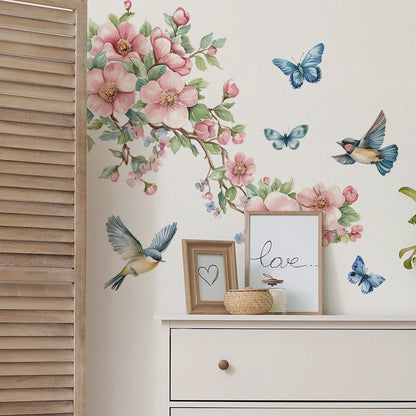 1PCS Watercolor Peach Tree Branches Leaves Bird Butterfly Bedroom Living Room Home Beautify Decorative Wall Stickers-HomeDecorDecals_com
