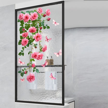 Close-up view of Pink Rose and Butterfly Window Decal | Home Decor by HomeDecorDecals.