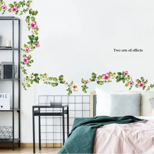 Green Leaf Pink Flower Vine Wall Decal | Home Decor removable peel and stick wall decal by HomeDecorDecals.