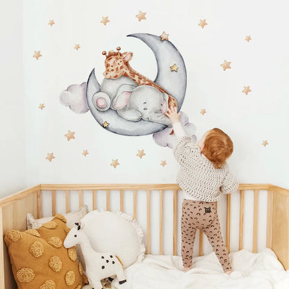 Cartoon Grey Baby Elephant Moon Gold Stars Wall Stickers for Kids Room Decor Nurserry Wall Decals Girl Boy Room Decorative-HomeDecorDecals_com