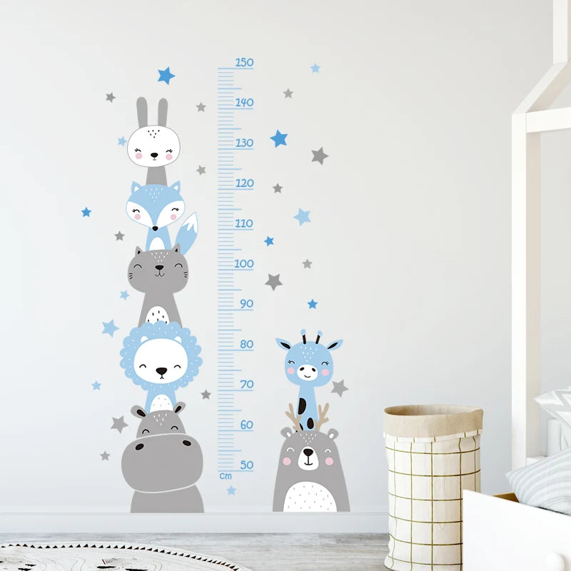 Cartoon Smile Animals Bear Lion Deer Hippo Stars Height Ruller Wall Stickers for Kids Room Boy Girl Room Nursery Wall Decals pvc-HomeDecorDecals_com