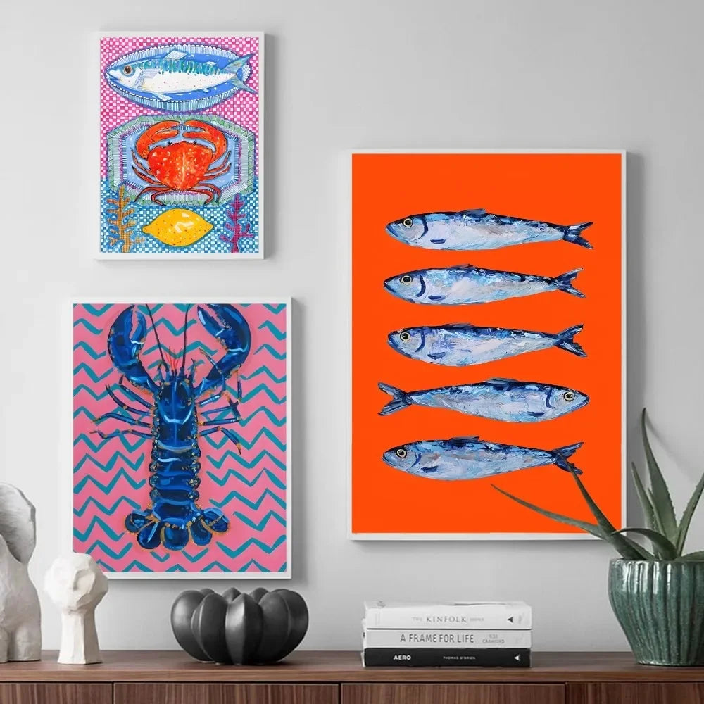 Colorful Sardine Lobster Fish Ocean Animal Self-adhesive Art Poster Retro Kraft Paper Sticker DIY Room Bar Cafe Stickers-HomeDecorDecals_com