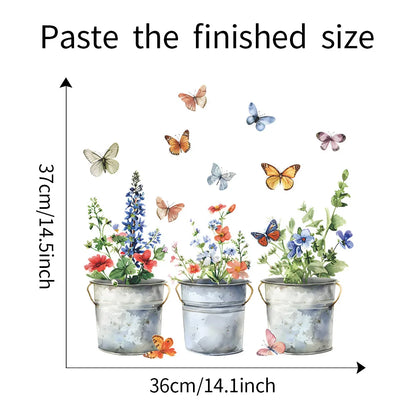 Iron Bucket Flower Pot and Butterfly Wall Decal | Home Decor decorative wall feature by HomeDecorDecals.