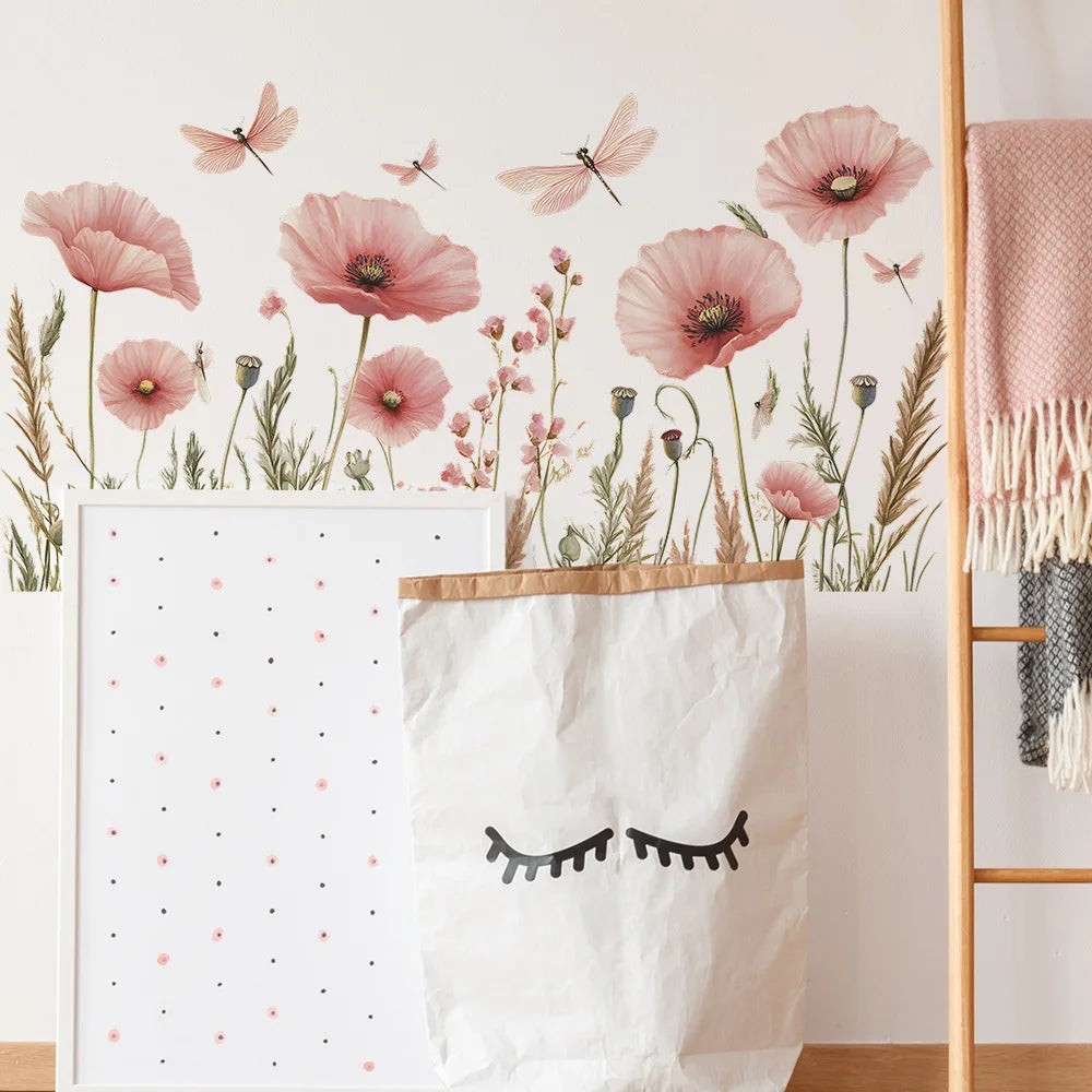 Close-up view of Watercolour Pink Poppy and Dragonfly Wall Decal | Home Decor by HomeDecorDecals.