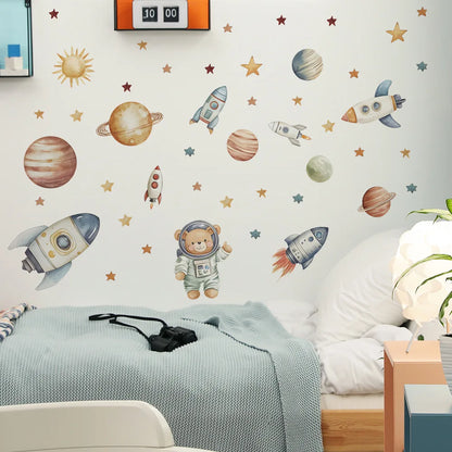 Cartoon Bear Astronaut Rocket Wall Stickers For Kids Room Background Decoration Mural Baby Bedroom Home Decor Removable Decals-HomeDecorDecals_com