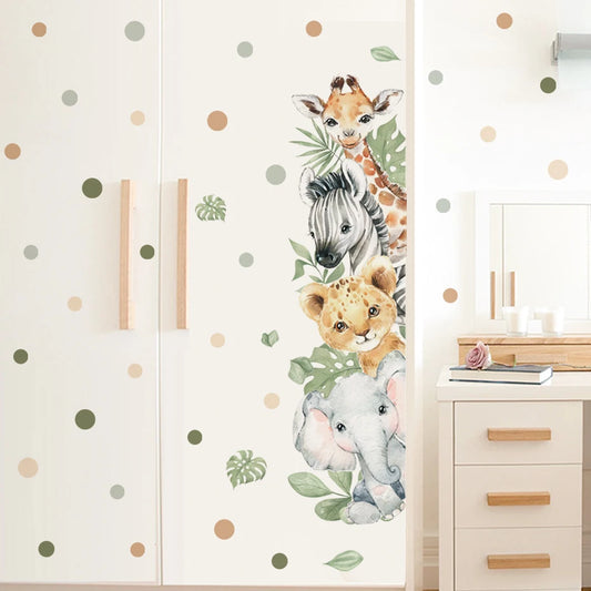 Door Stickers Cute Jungle Animals Elephant Giraffe Watercolor Wall Sticker for Kids Room Baby Nursery Room Decals Home Decor-HomeDecorDecals_com