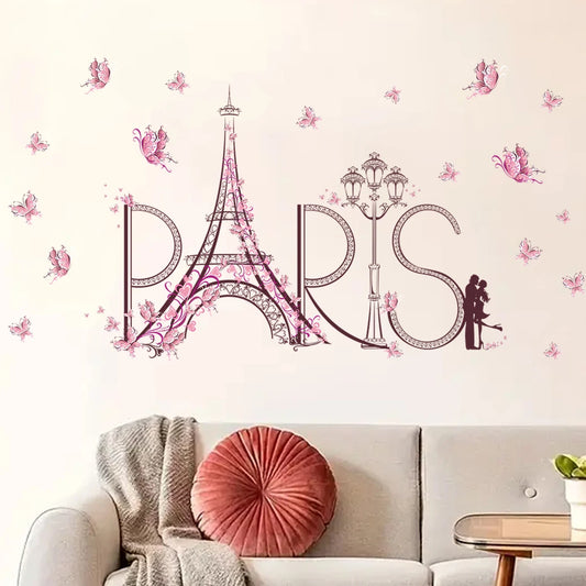 Eiffel Tower Couple Hug and Pink Butterflies Wall Decal | Home Decor removable peel and stick wall decal by HomeDecorDecals.