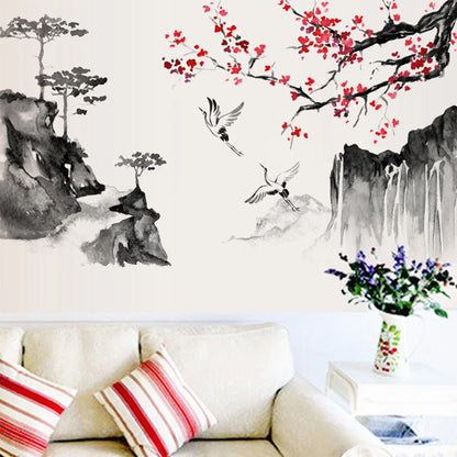 Wind Ink Landscape Painting Art Wall Stickers Crane Bedroom Living Room Home Decoration Self-adhesive Wall Decals-HomeDecorDecals_com