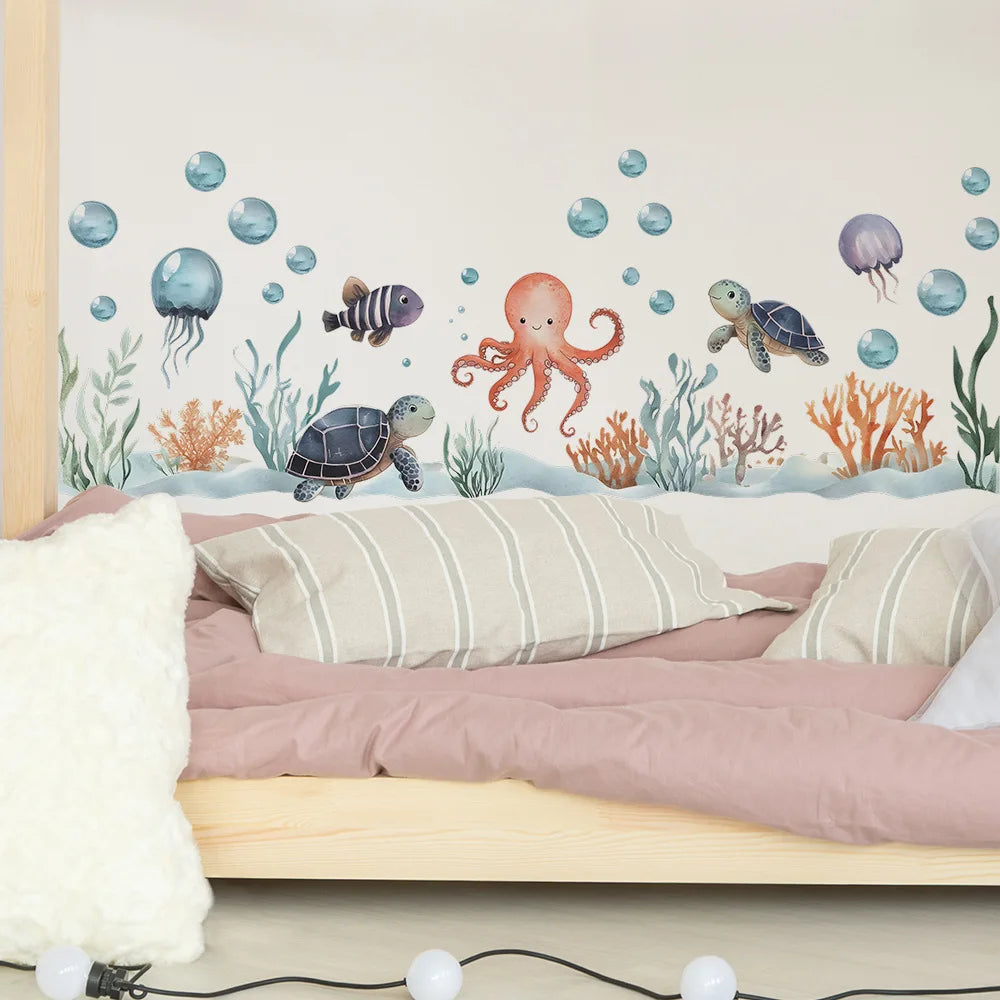 Watercolor Cartoon Ocean Fish Animal Wall Sticker Living Room Bedroom Sea Life Beach Landscape Wall Decal Home Decor-HomeDecorDecals_com