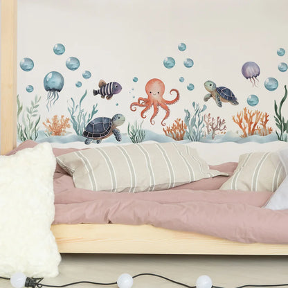 Watercolor Cartoon Ocean Fish Animal Wall Sticker Living Room Bedroom Sea Life Beach Landscape Wall Decal Home Decor-HomeDecorDecals_com