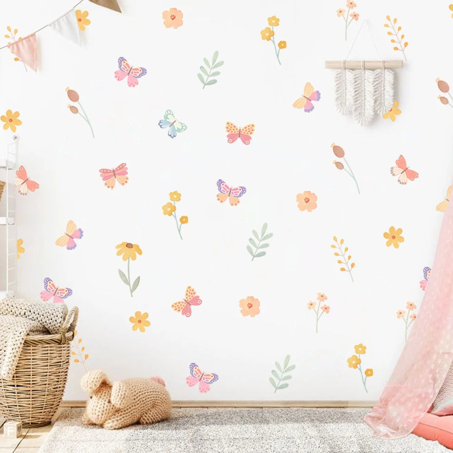 Watercolour Butterfly and Flowers Cartoon Wall Decal | Home Decor displayed in room decor by HomeDecorDecals.
