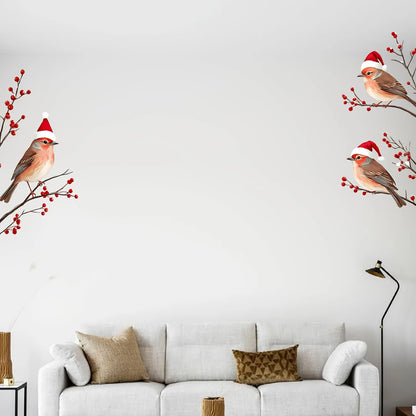 1PC Three Birds in Santa Hats Window Stickers Christmas Theme Red Berry Branches Decorative Wall Stickers for Glass and Window-HomeDecorDecals_com