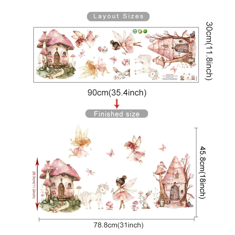 Cartoon Cute Fairy Mushroom House Plant Wall Sticker Flower Elves Wall Decals for Kids Room Baby Girl Nursery Room Bedroom Decor-HomeDecorDecals_com