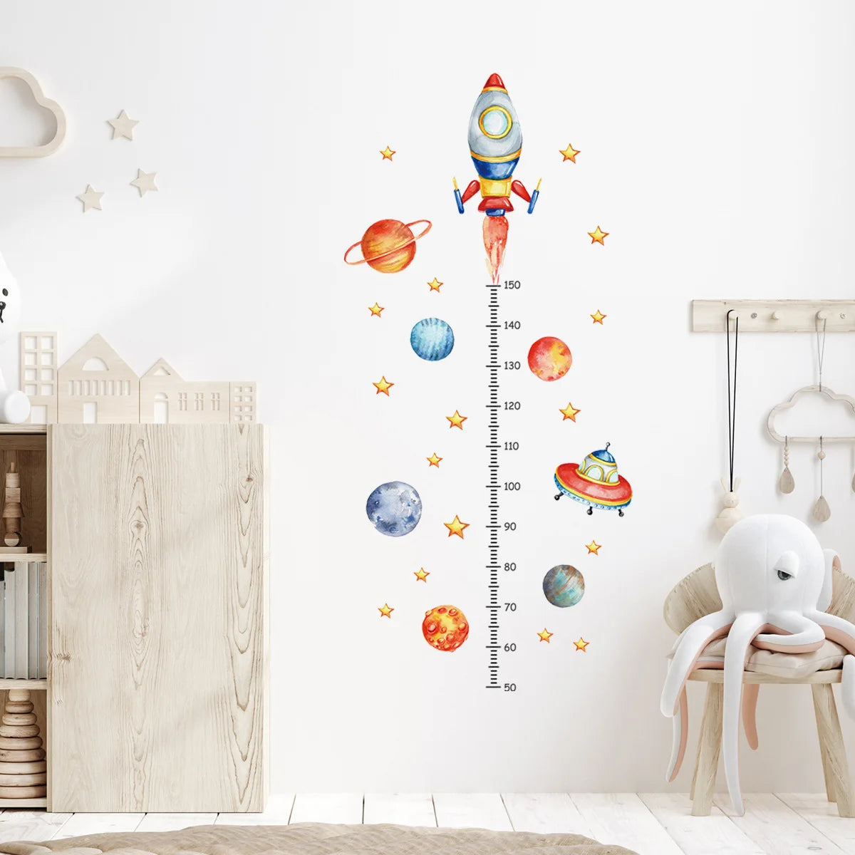 Cartoon Planet Rocket Height Measurement Wall Stickers for Kids Room Baby Boy Room Height Roller Grow Up Chart Wall Decals Mural-HomeDecorDecals_com