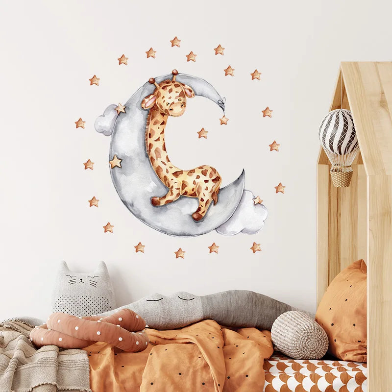 Cartoon Grey Baby Elephant Moon Gold Stars Wall Stickers for Kids Room Decor Nurserry Wall Decals Girl Boy Room Decorative-HomeDecorDecals_com