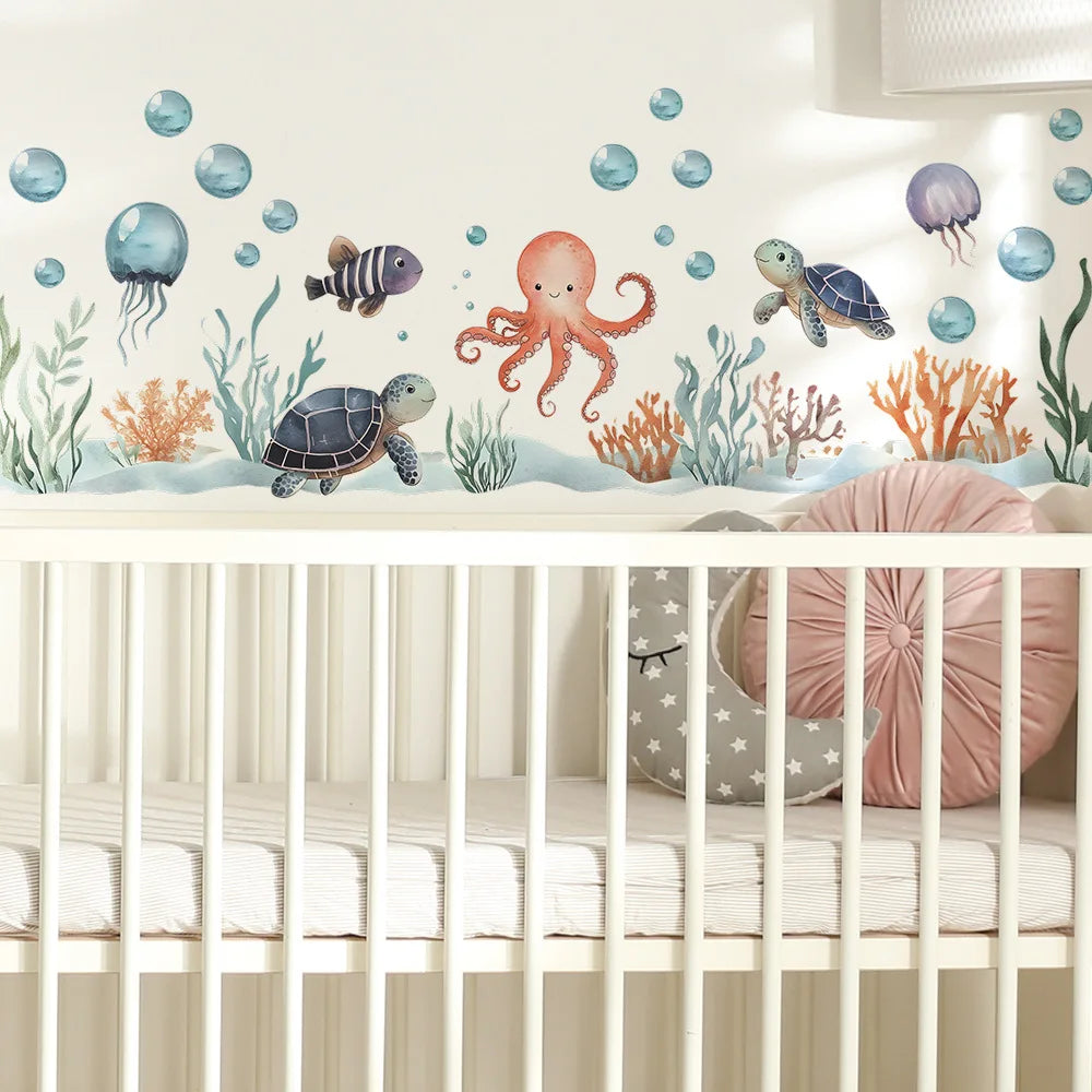Watercolor Cartoon Ocean Fish Animal Wall Sticker Living Room Bedroom Sea Life Beach Landscape Wall Decal Home Decor-HomeDecorDecals_com