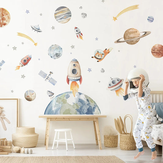 Watercolor Solar System Space Wall Sticker Baby Nurery Kids Room Planets Rockets Stars Moon Wall Decal Bedroom Playroom Decor-HomeDecorDecals_com