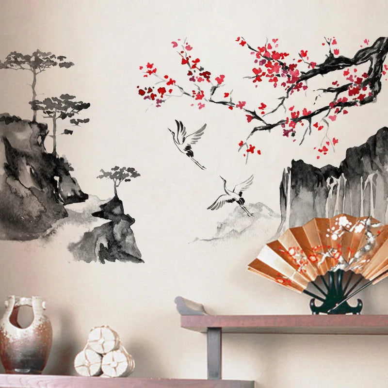 Wind Ink Landscape Painting Art Wall Stickers Crane Bedroom Living Room Home Decoration Self-adhesive Wall Decals-HomeDecorDecals_com