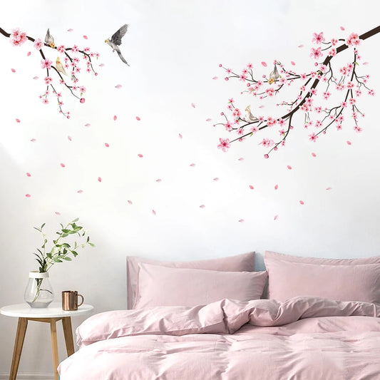 1Pc Watercolor Bird Sakura Flower Wall Stickers Living Room Wall Decals Home Essentials Decoration Decor for Kids Room Bedroom-HomeDecorDecals_com
