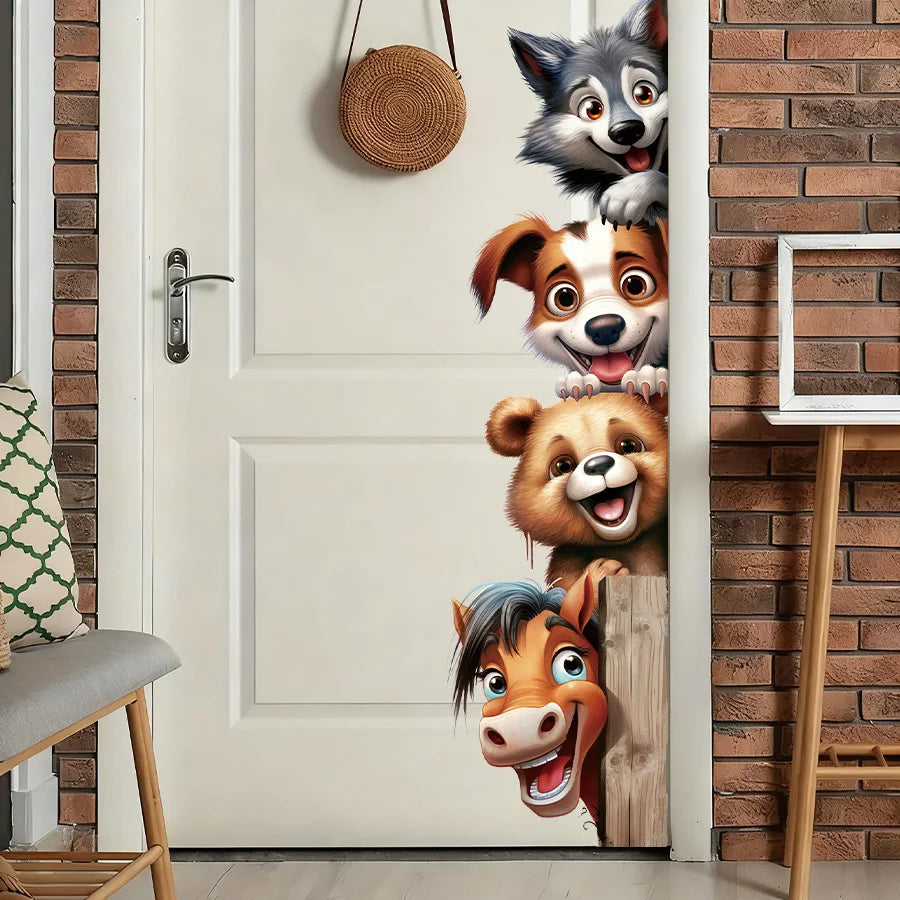 Funny Animal Wall Stickers With Horse Bear Dog And Wolf, Removable Self-Adhesive Animal Door Decals For Bedroom Hallway Decor-HomeDecorDecals_com
