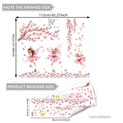 Pink Tree Branches Birds Butterflies Elf Girls Meet Wall Stickers Bedroom Children's Room Home Wall Decoration Self-adhesive-HomeDecorDecals_com