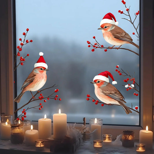1PC Three Birds in Santa Hats Window Stickers Christmas Theme Red Berry Branches Decorative Wall Stickers for Glass and Window-HomeDecorDecals_com