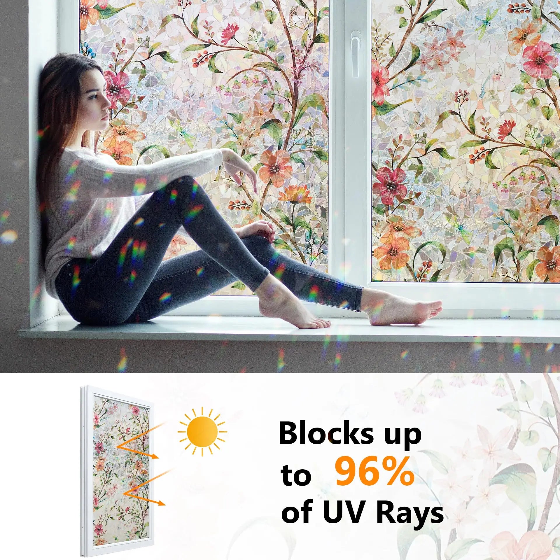 Close-up view of Rainbow Stained Glass Window Privacy Film | Home Decor by HomeDecorDecals.