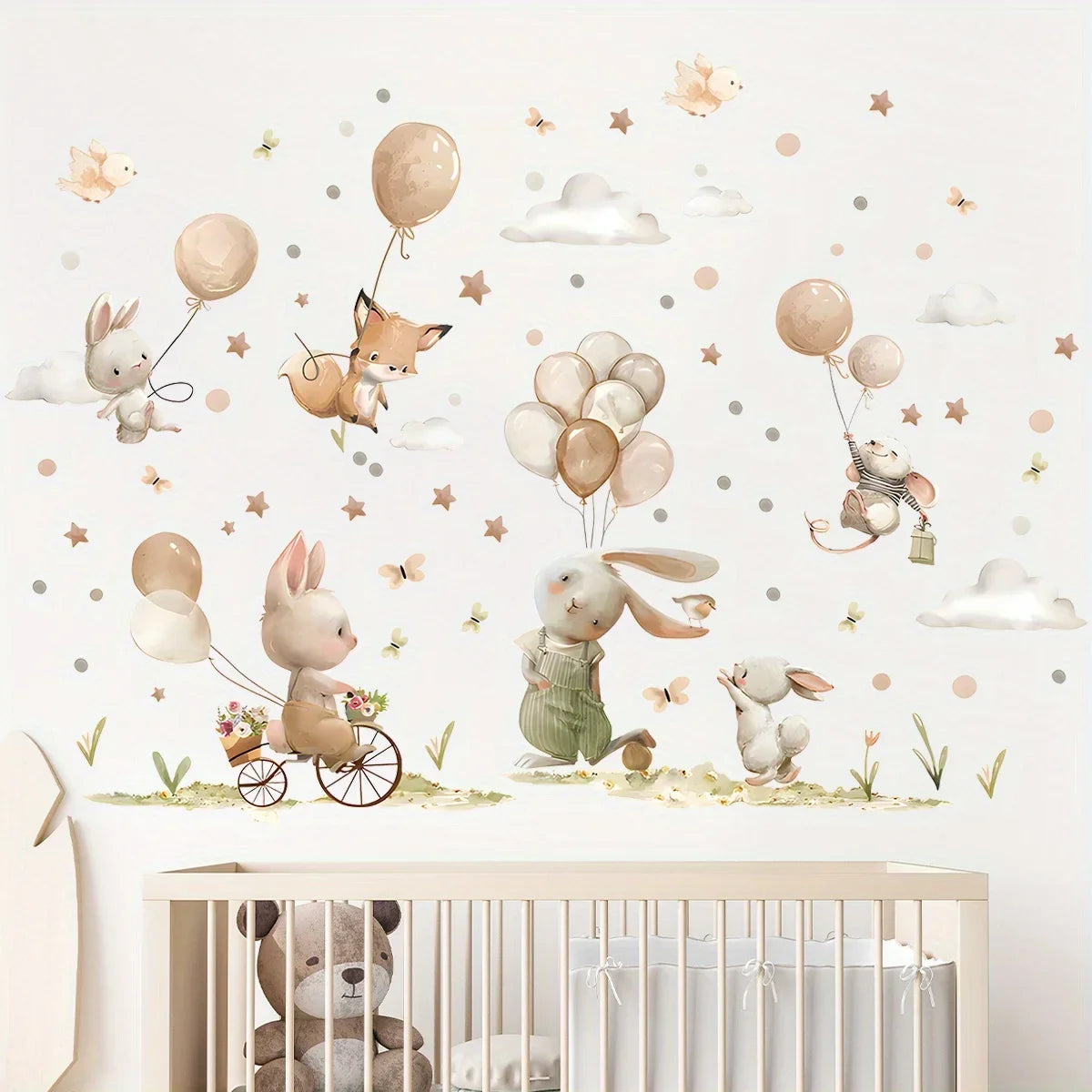 Cartoon Cute Rabbit Fox Balloon Grassland Forest Animal Wall Stickers for Bedroom Living Room Nursery Decoration Wall Decals-HomeDecorDecals_com