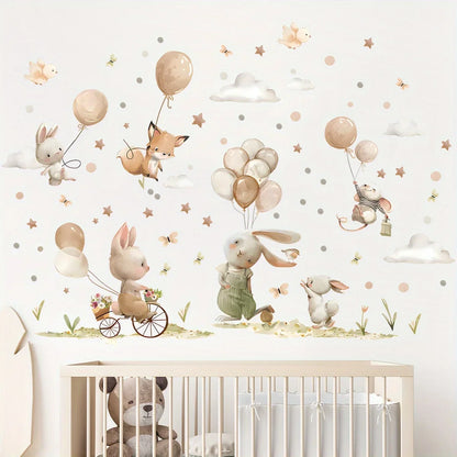 Cartoon Cute Rabbit Fox Balloon Grassland Forest Animal Wall Stickers for Bedroom Living Room Nursery Decoration Wall Decals-HomeDecorDecals_com